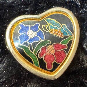Heart-Shaped Cloisonné Pill Box Butterfly Floral Enamel Design In Red Blue
